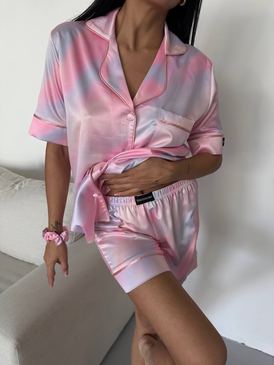 Set Pijama Delis 2 Piese Satin Sidefat cu Nasturi - imagine 5
