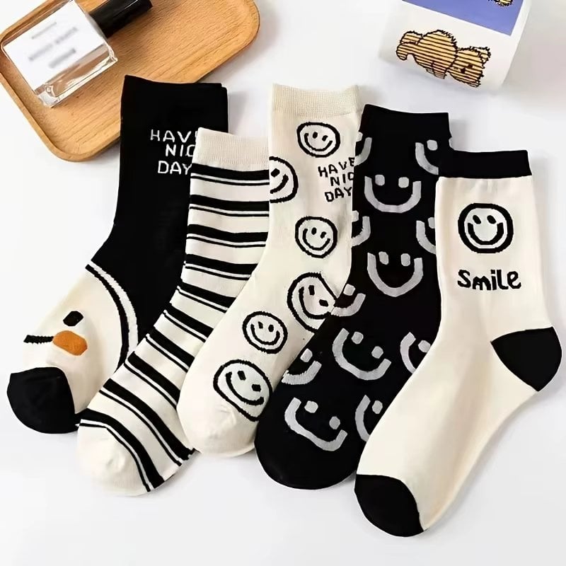 Set 5 perechi sosete dama Picadili, Negru/Crem