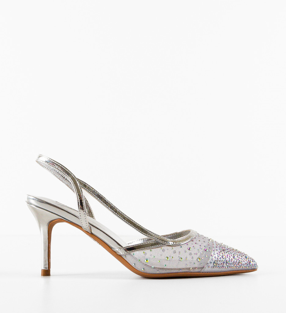Pantofi Melite Argintii Eleganți cu Toc - imagine 5