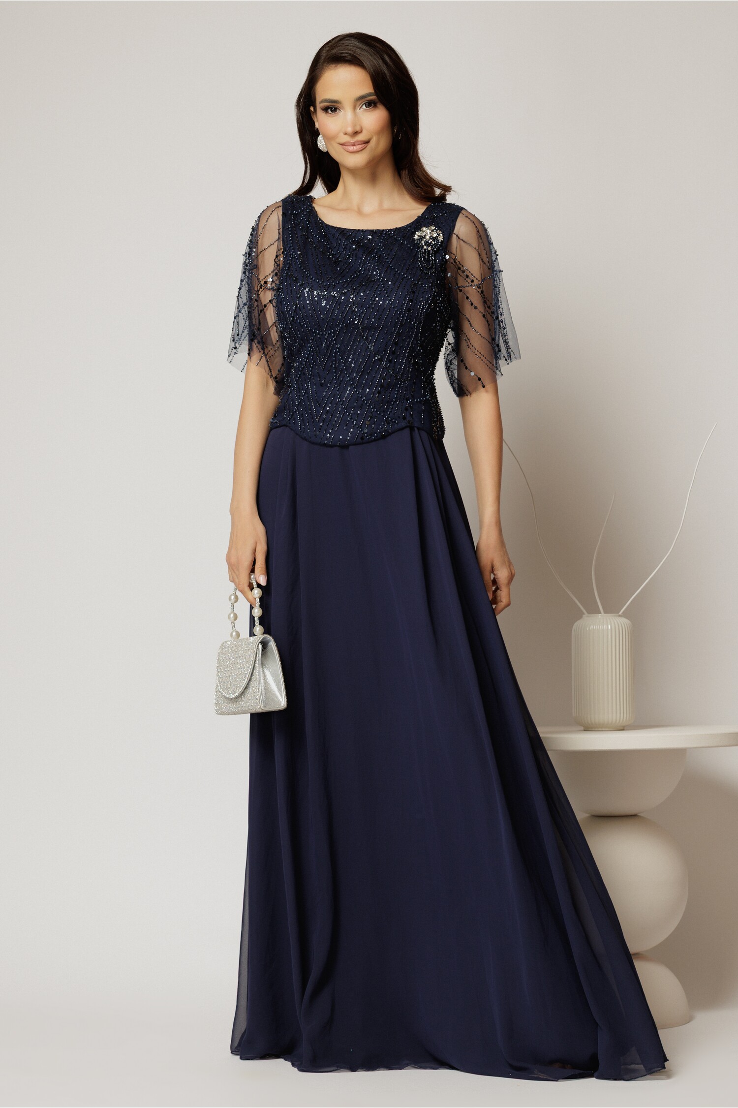 Rochie de seara bleumarin cu paiete si voal