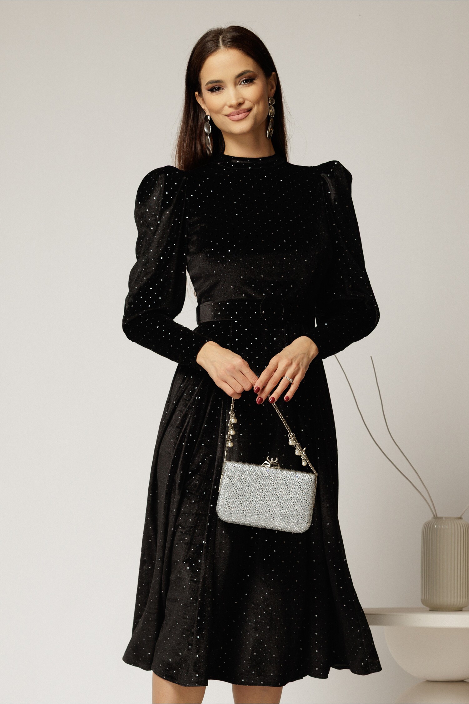 Rochie Catifea cu Glitter Argintiu | Eleganta
