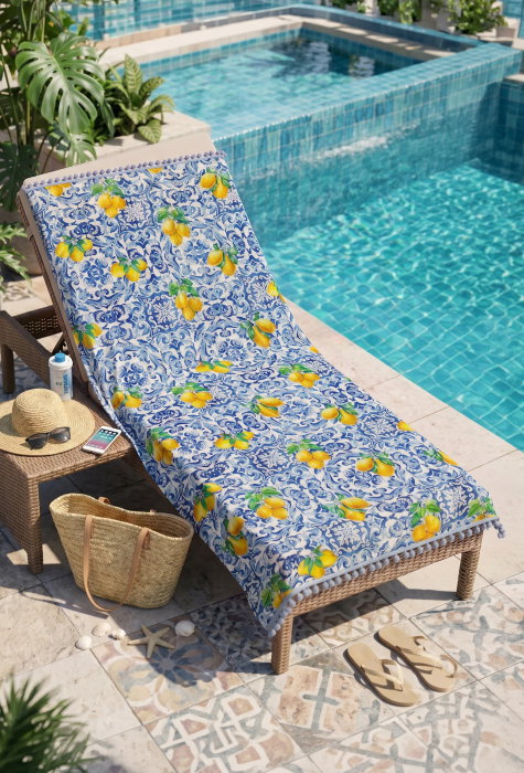 Prosop reversibil de plaja Lemon Mosaic cu doua fete si ciucuri decorativi