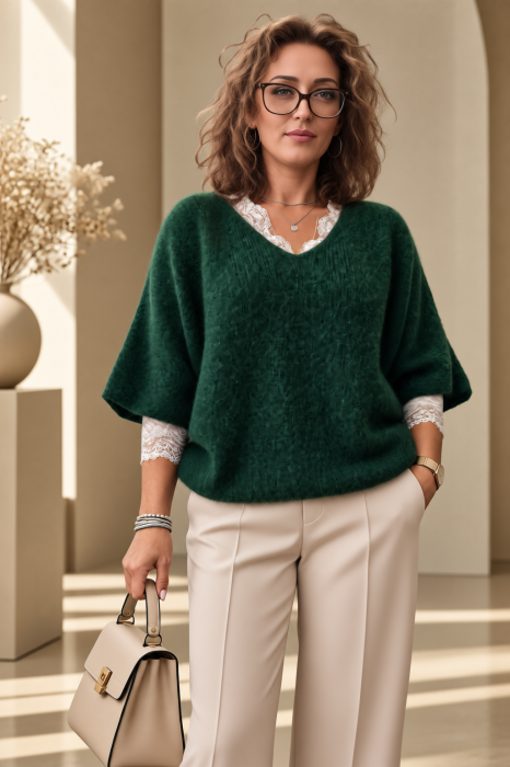 Pulover pufos cu alpaca, oversize cu maneca fluture, verde inchis