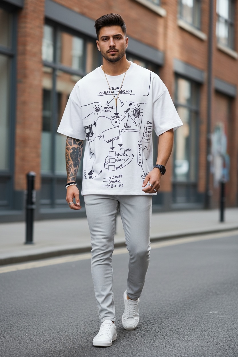 Tricou Barbati Alb Oversize cu Imprimeu Y181 - imagine 2