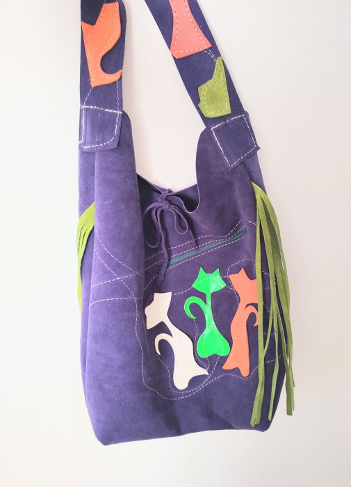 Geanta sac Shopika piele mov cu pisicute