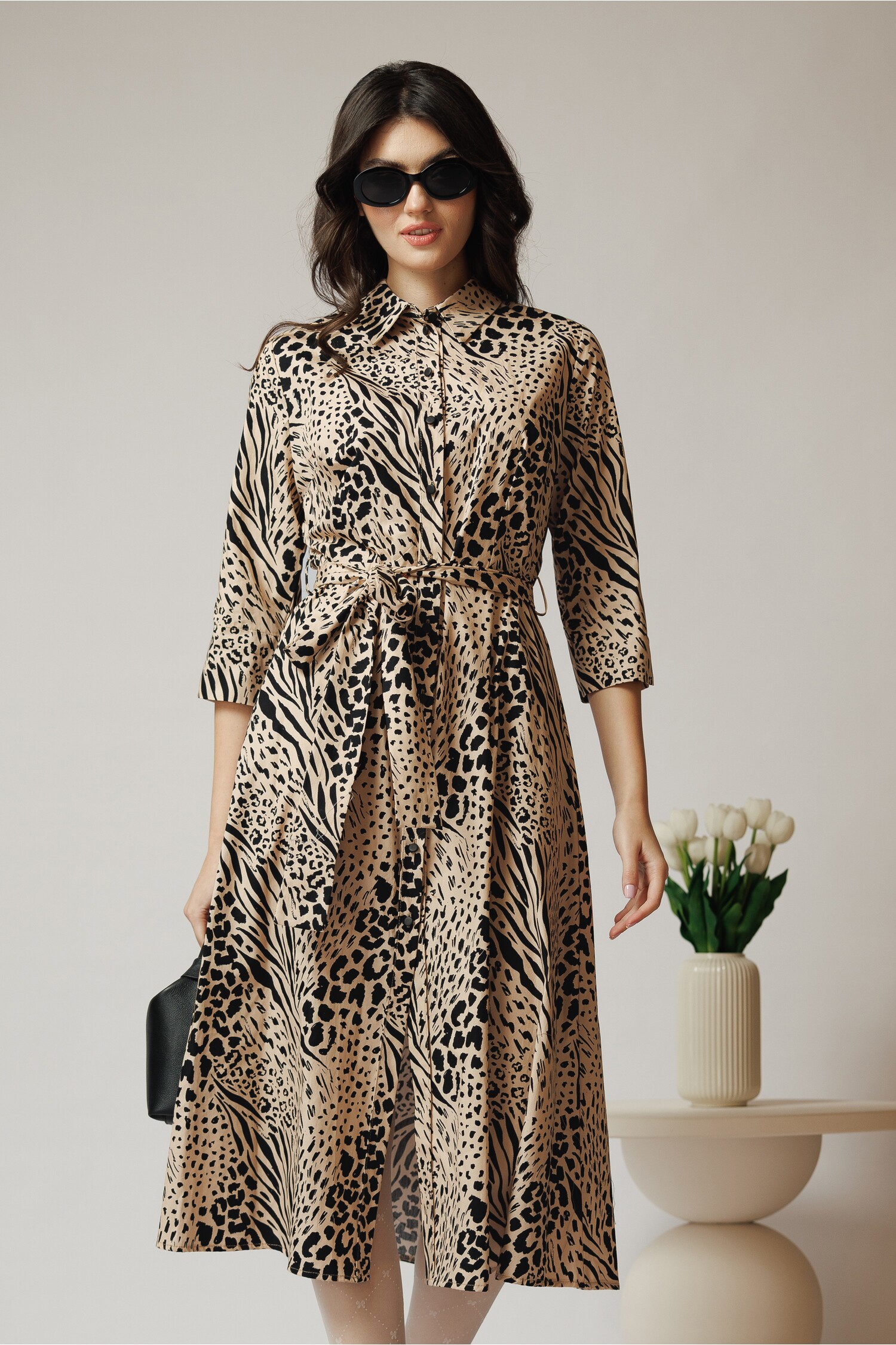 Rochie bumbac bej animal print cu cordon