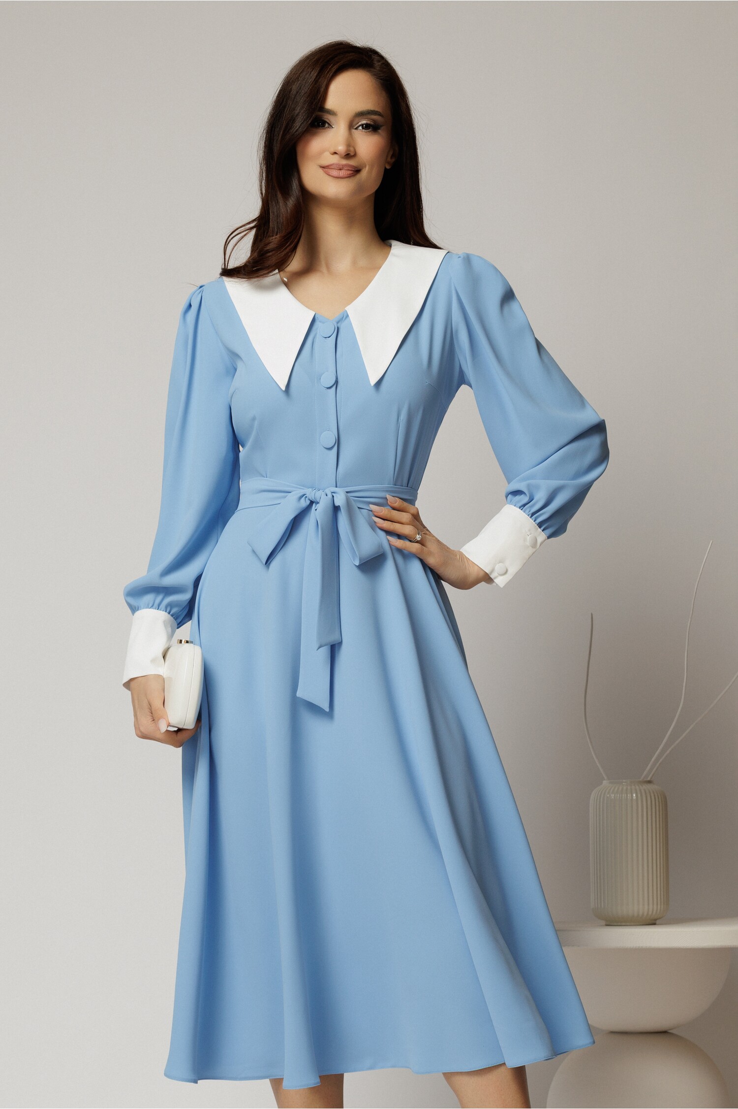 Rochie DY Fashion Bleu Midi cu Guler Contrast