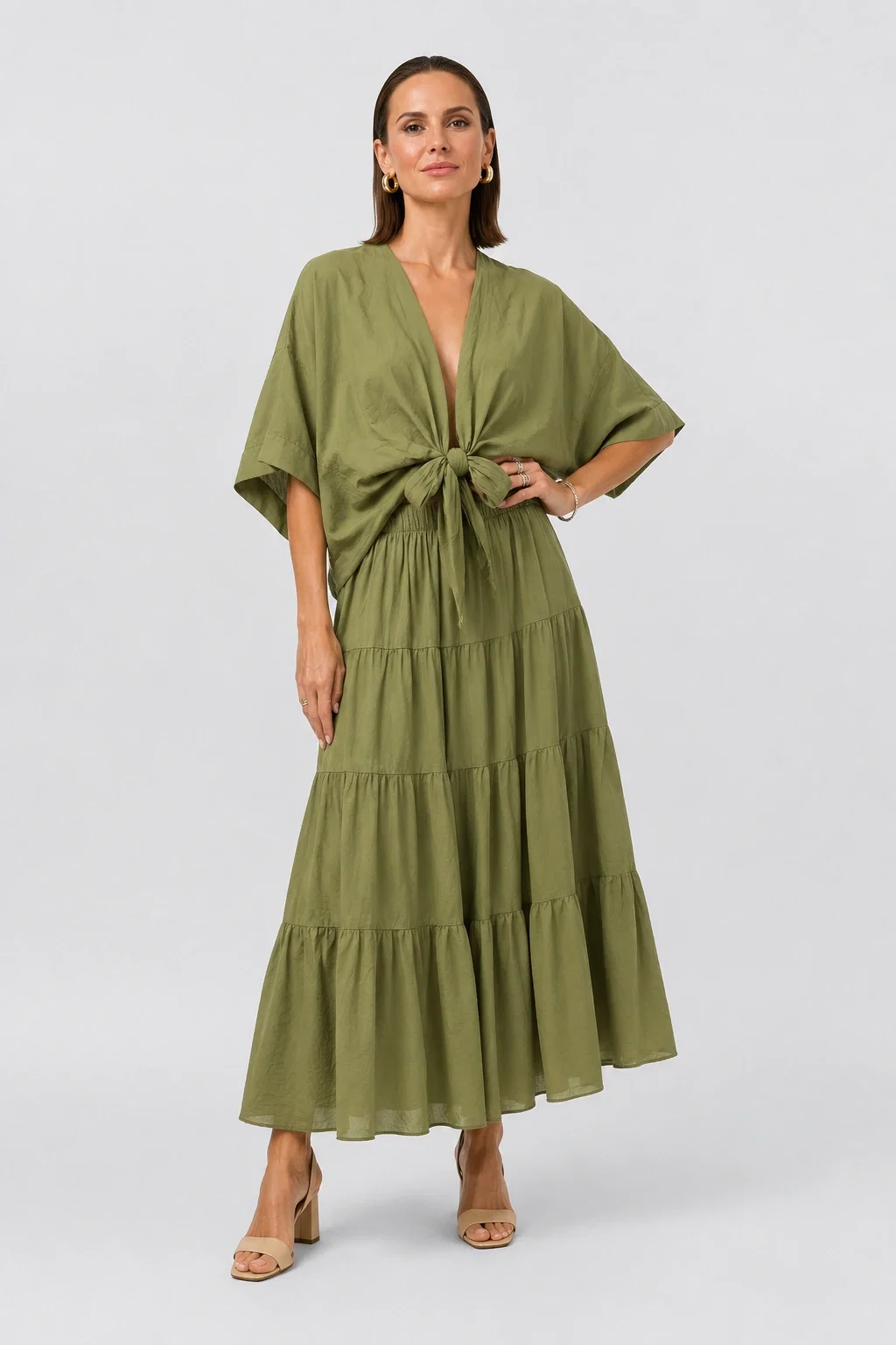 Blazer tip kimono din bumbac fin cu inchidere prin innodare, verde olive