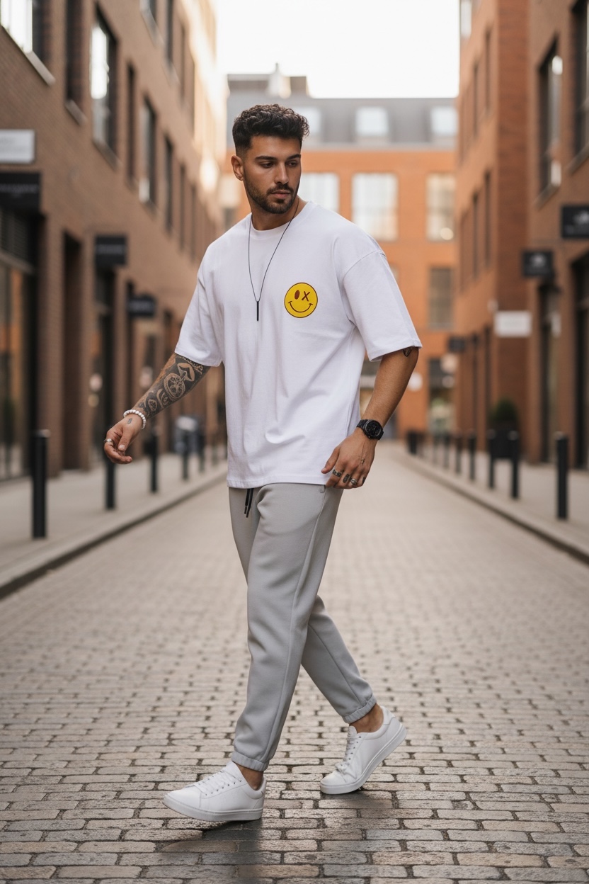 Tricou Barbati Alb Oversize cu Imprimeu - imagine 2