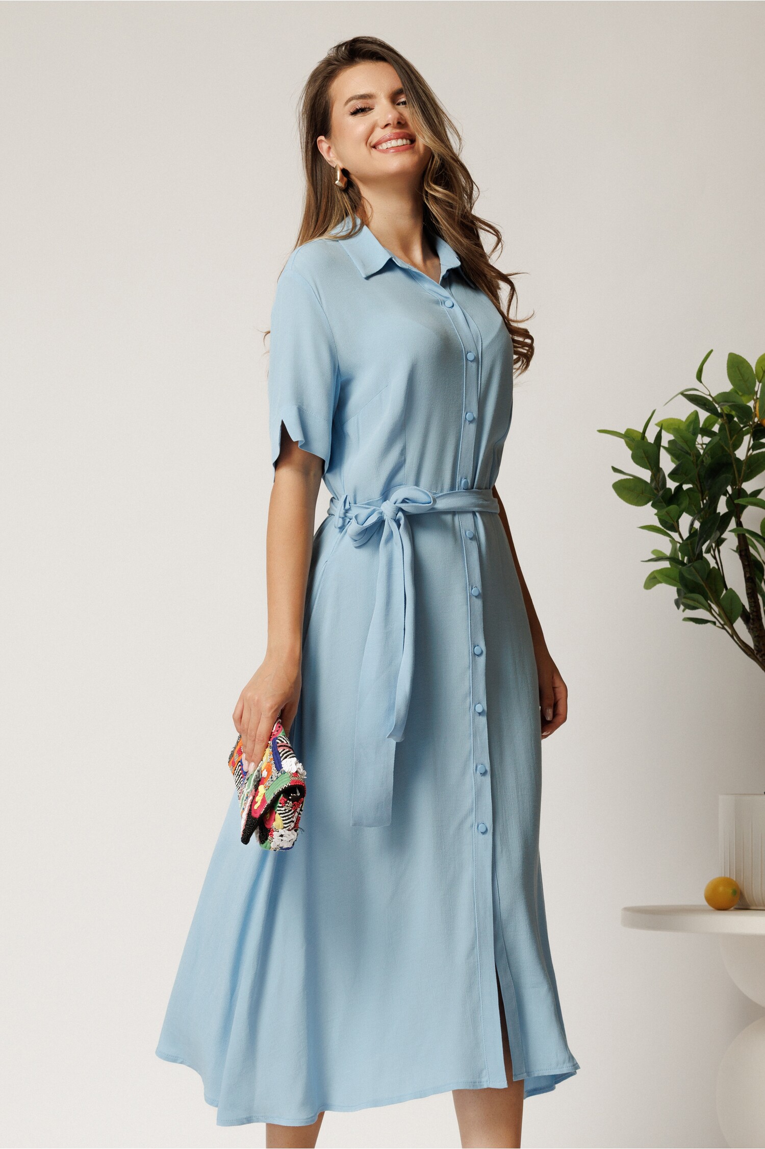 Rochie Midi Bleu din Bumbac cu Cordon