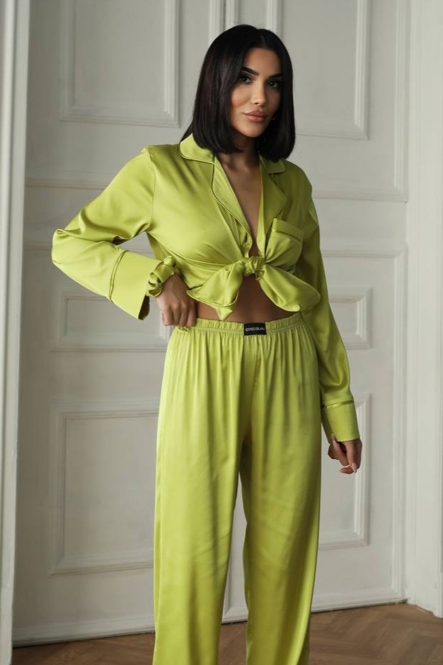 Set Pijama Dama 2 Bucati Verde Olive, Nasturi - imagine 3