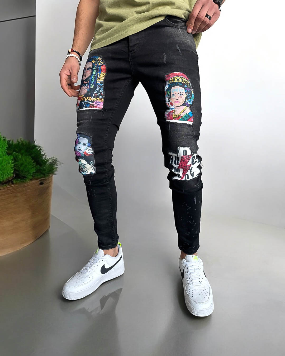 Blugi Barbati Conici Negri cu Stikere | Stil Modern - imagine 3