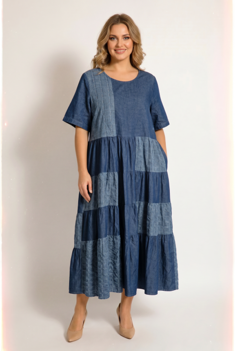Rochie lunga din denim cudesign patchwork si croi lejer