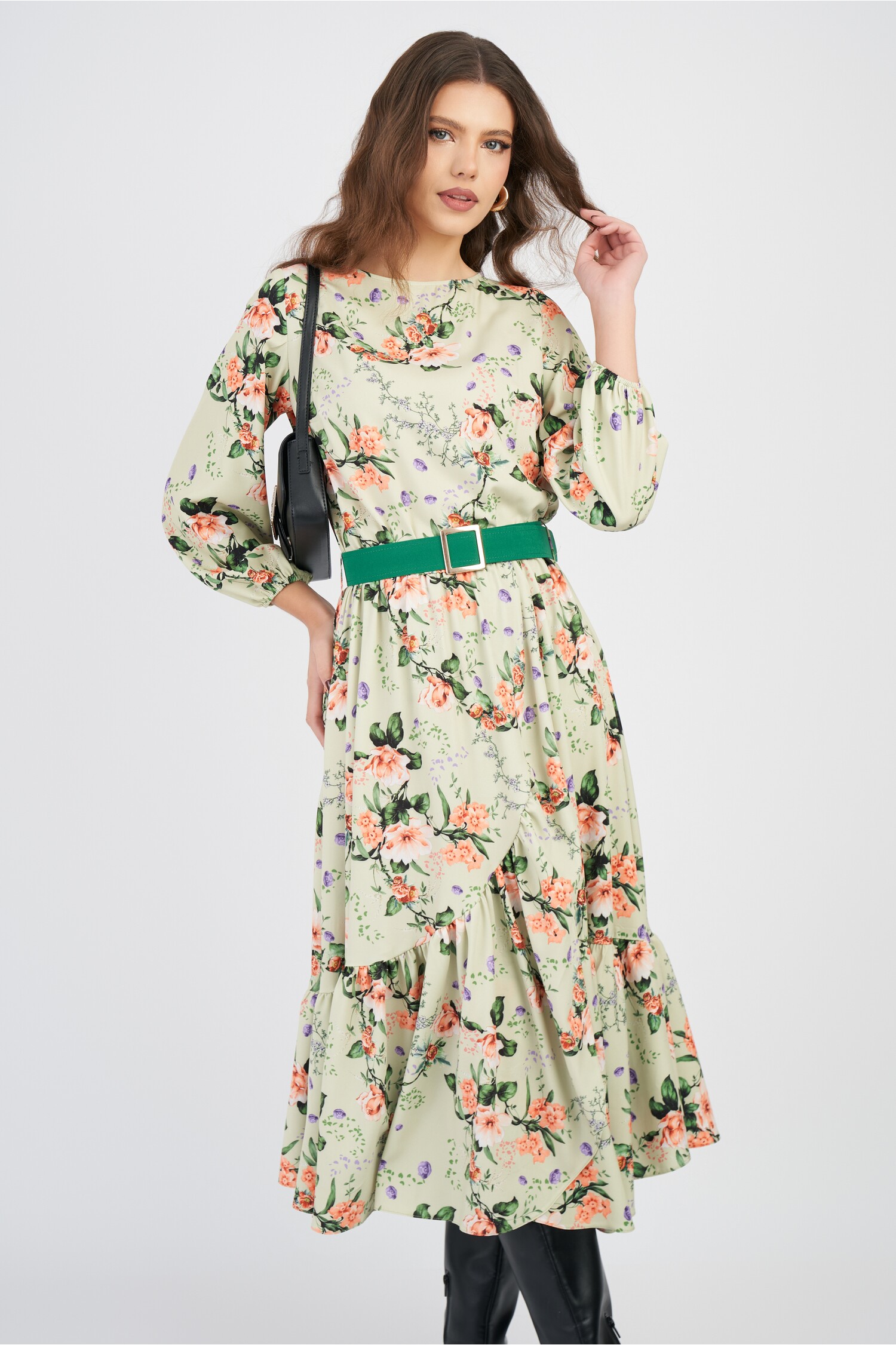 Rochie DY Fashion Verde Floral cu Curea Talie