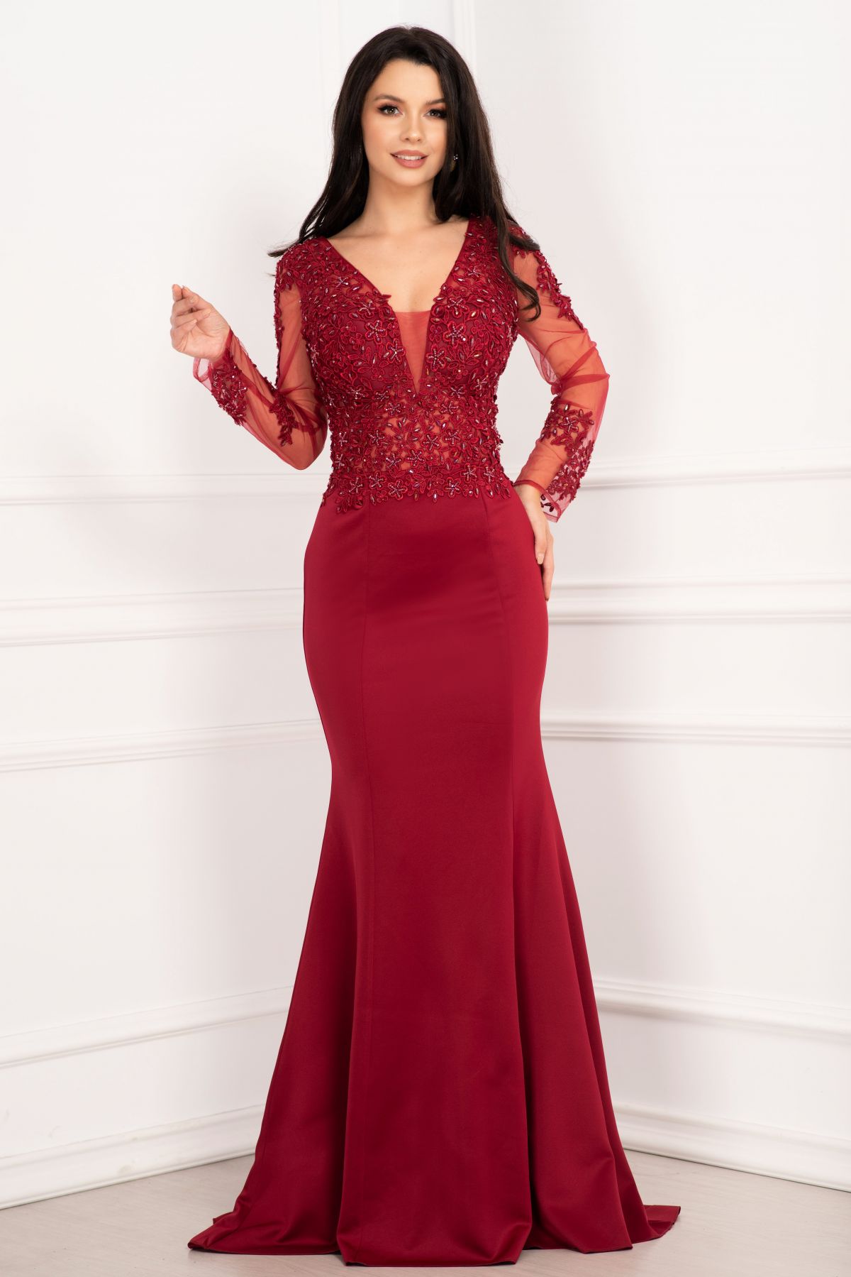 Inpuff Rochie Sirenă Bordo Margele Broderie