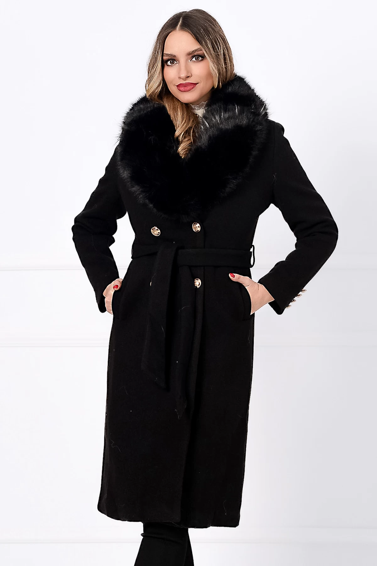 Palton Patricia Negru Matlasat cu Blană ECO