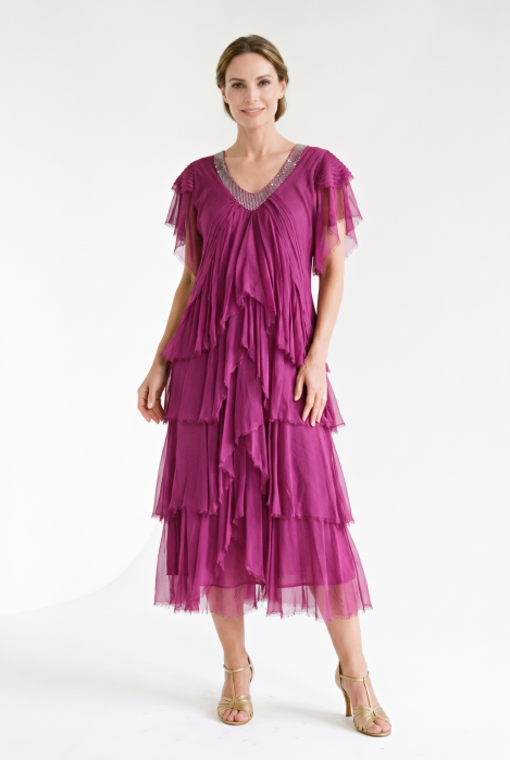 Rochie lunga din matase cu volane suprapuse asimetrice si paiete fine la decolteu, magenta