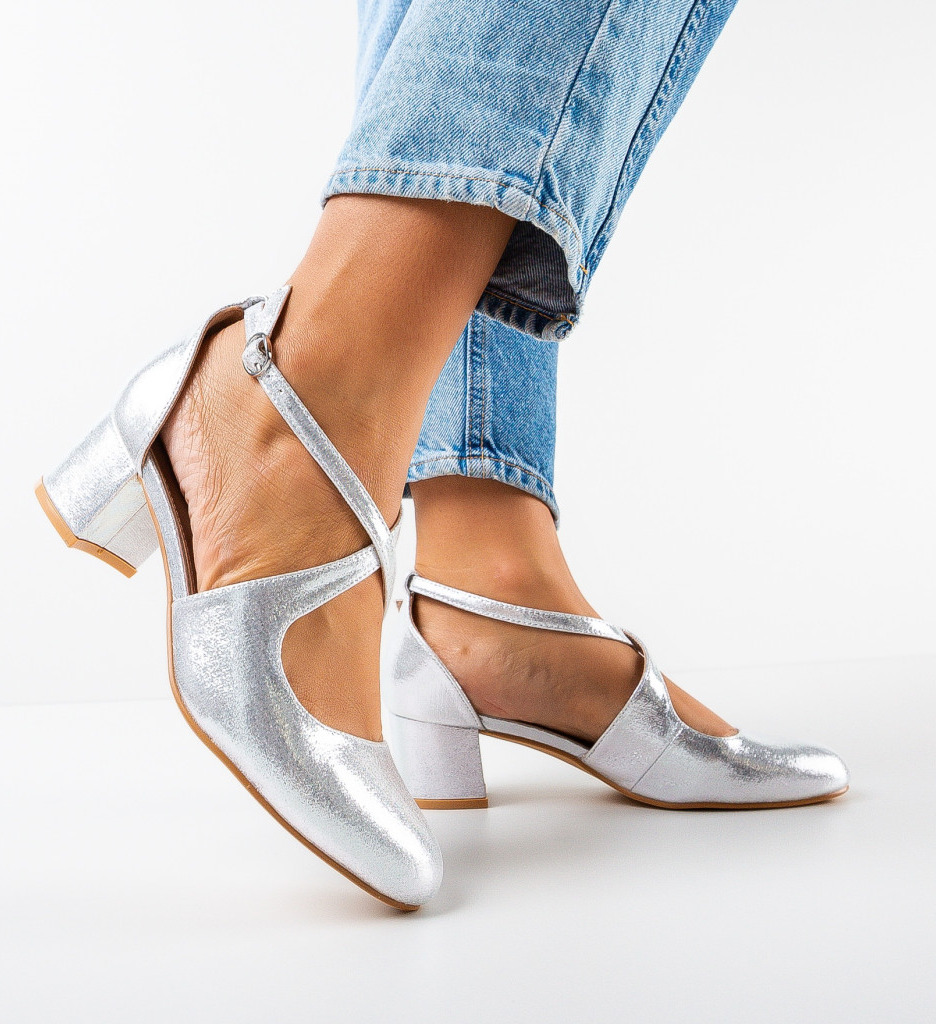 Pantofi Dama Argintii cu Toc Eleganți - imagine 3
