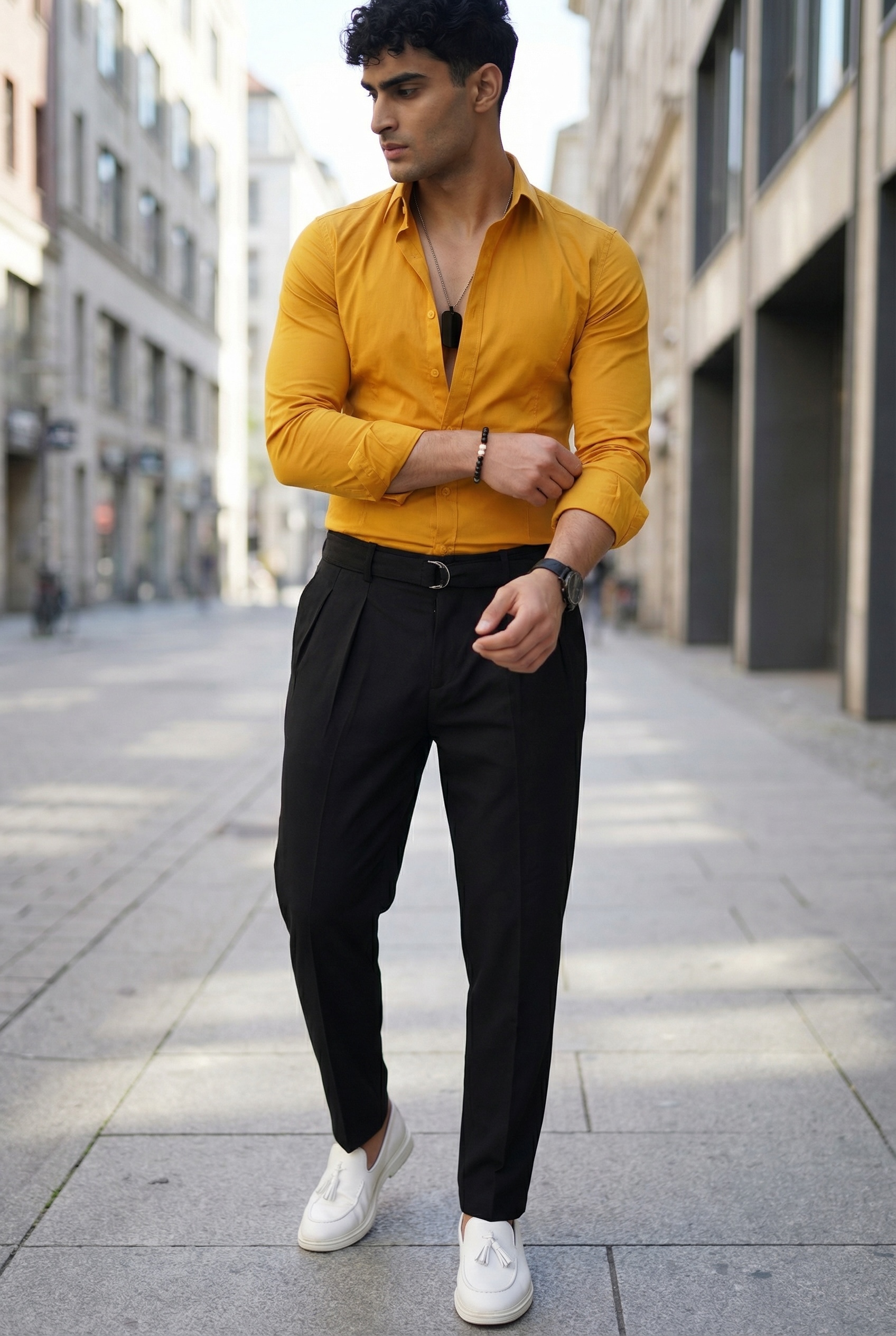 Camașă Bărbați Slim Fit Mustar Eleganță
