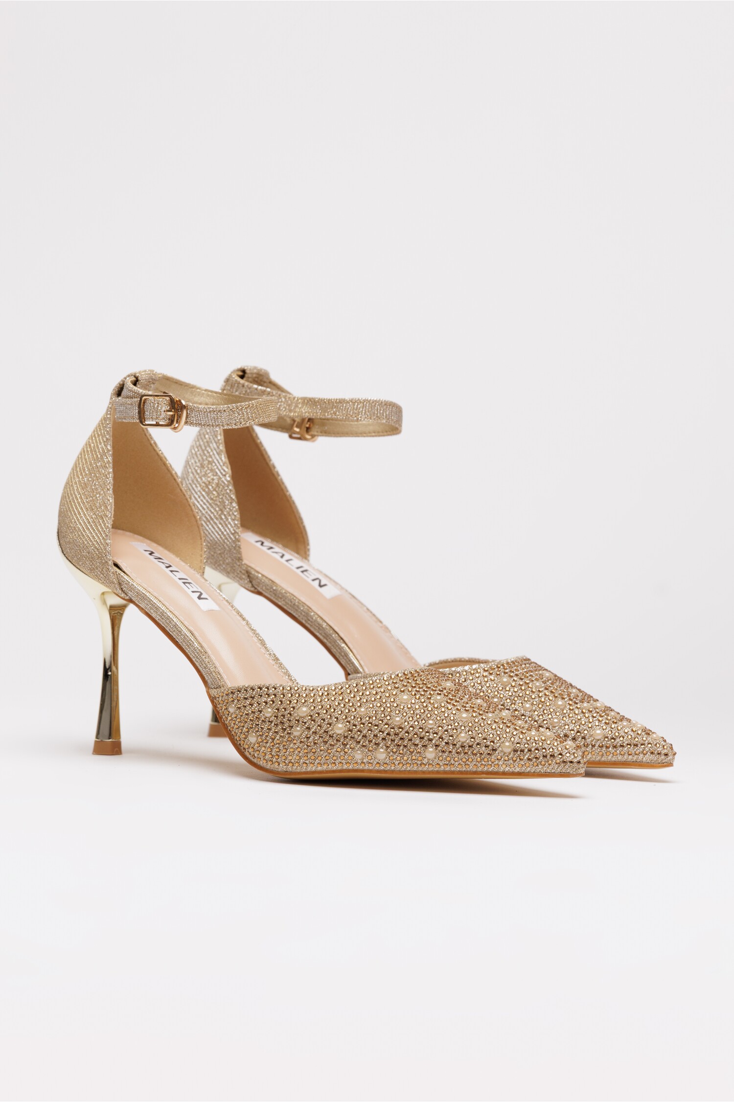 Pantofi eleganti aurii cu pietre si perle