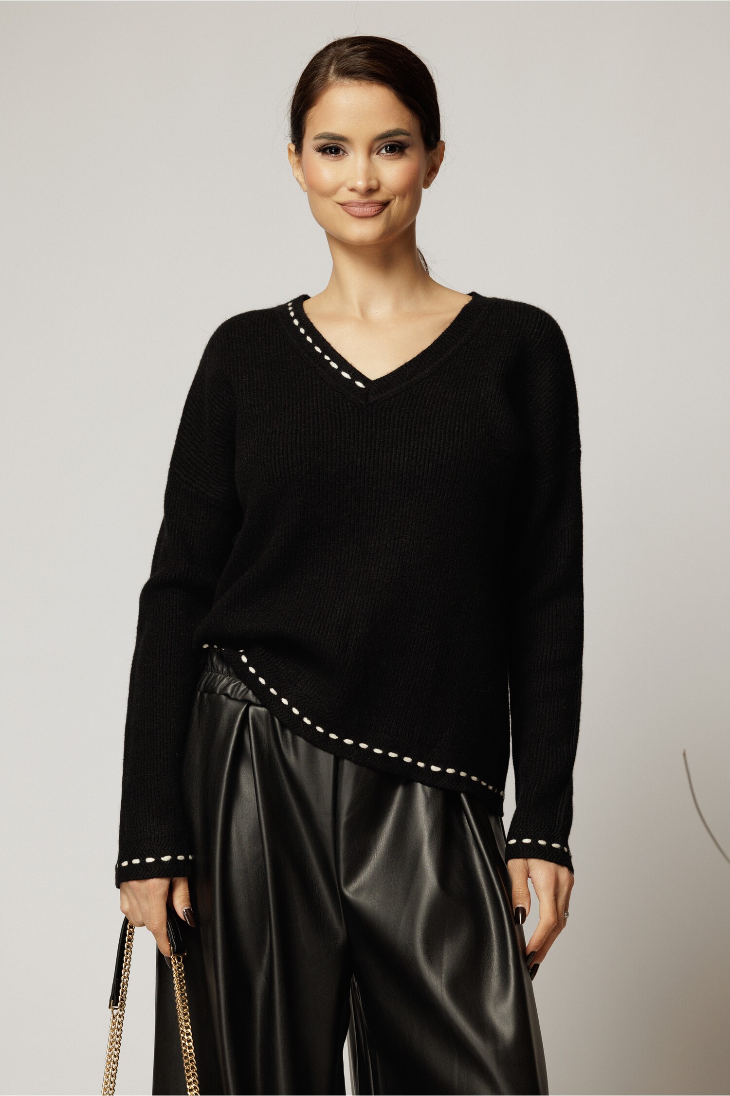 Pulover Casual Negru Tricot Confort Decolteu V