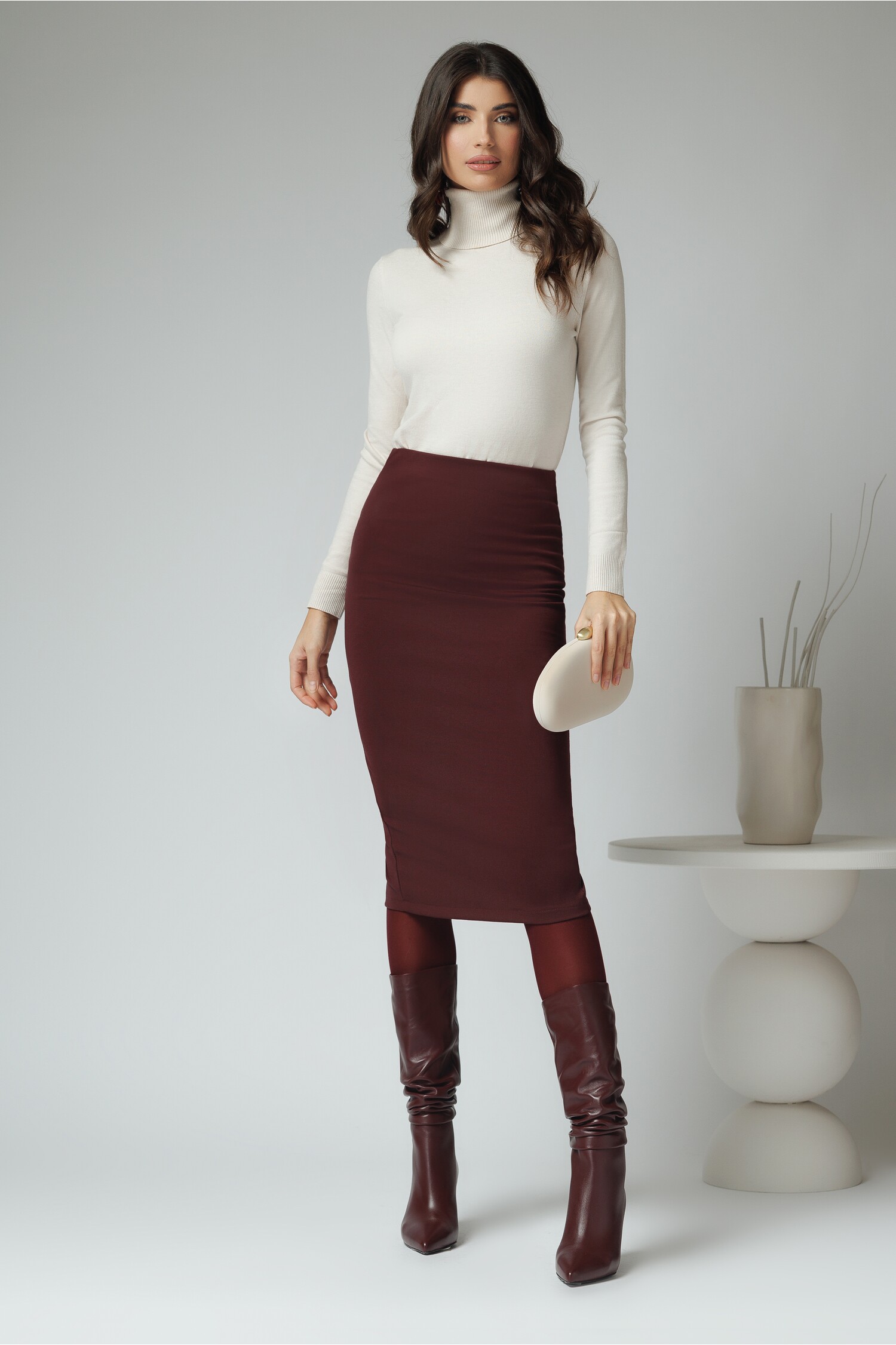 Fusta Midi Viscose Bordo Office Eleganta