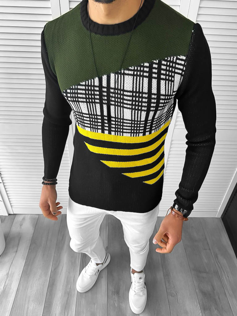 Pulover Barbati Kaki Slim Fit Elegant