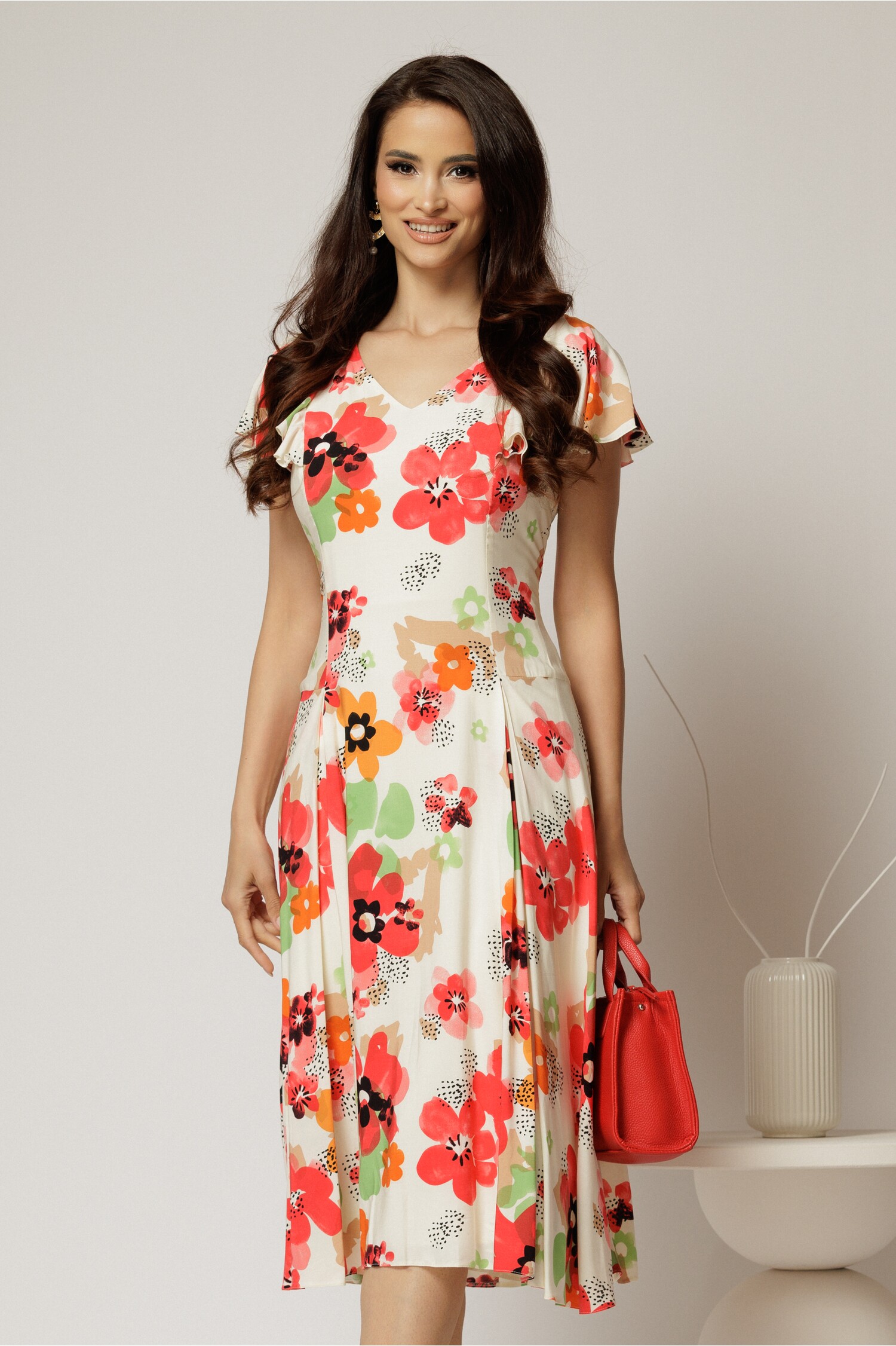 Rochie Midi Viscosă Imprimeu Floral Roșu