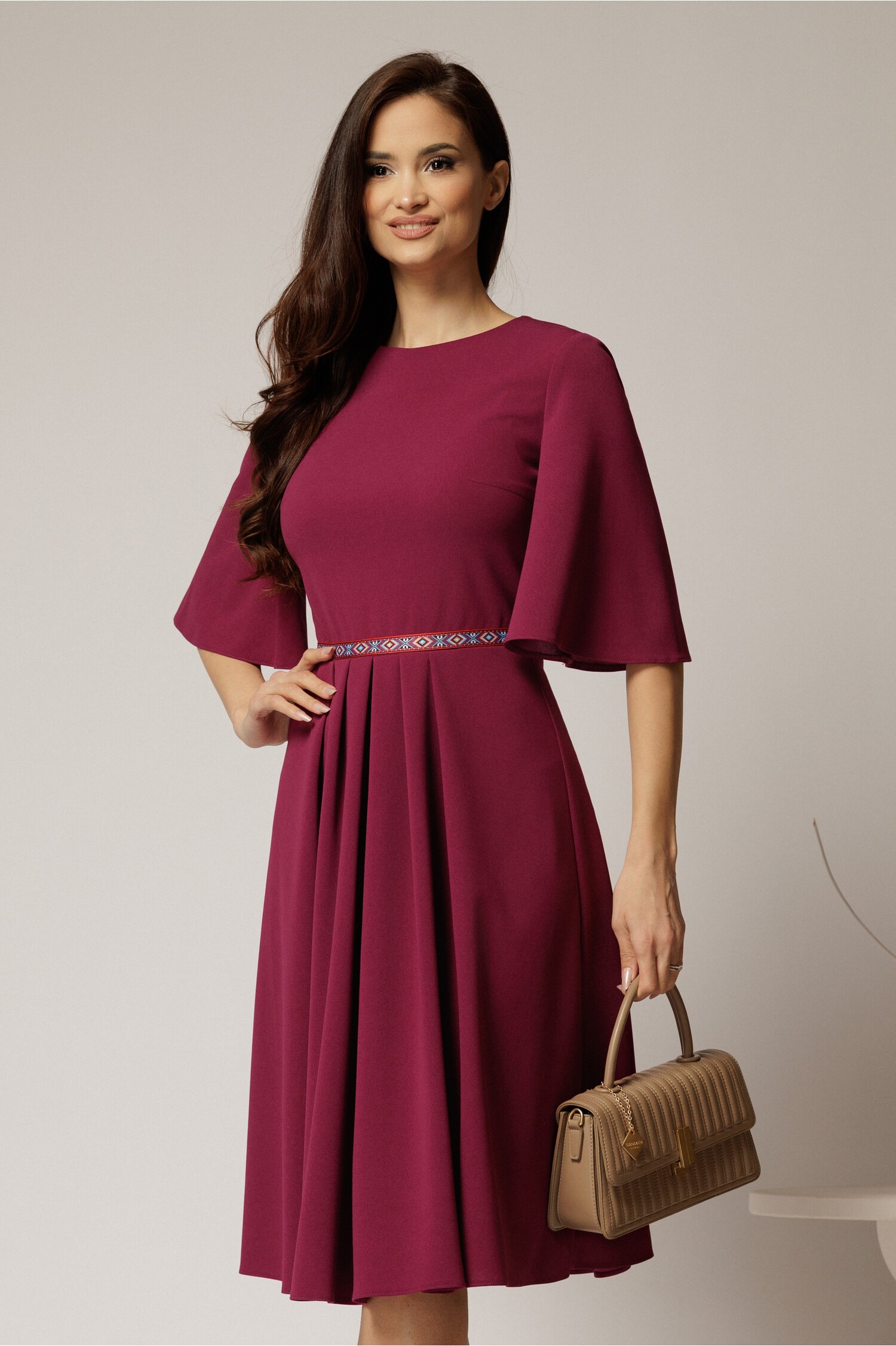 Rochie DY Fashion Magenta Crep Midi cu Banda in Talie