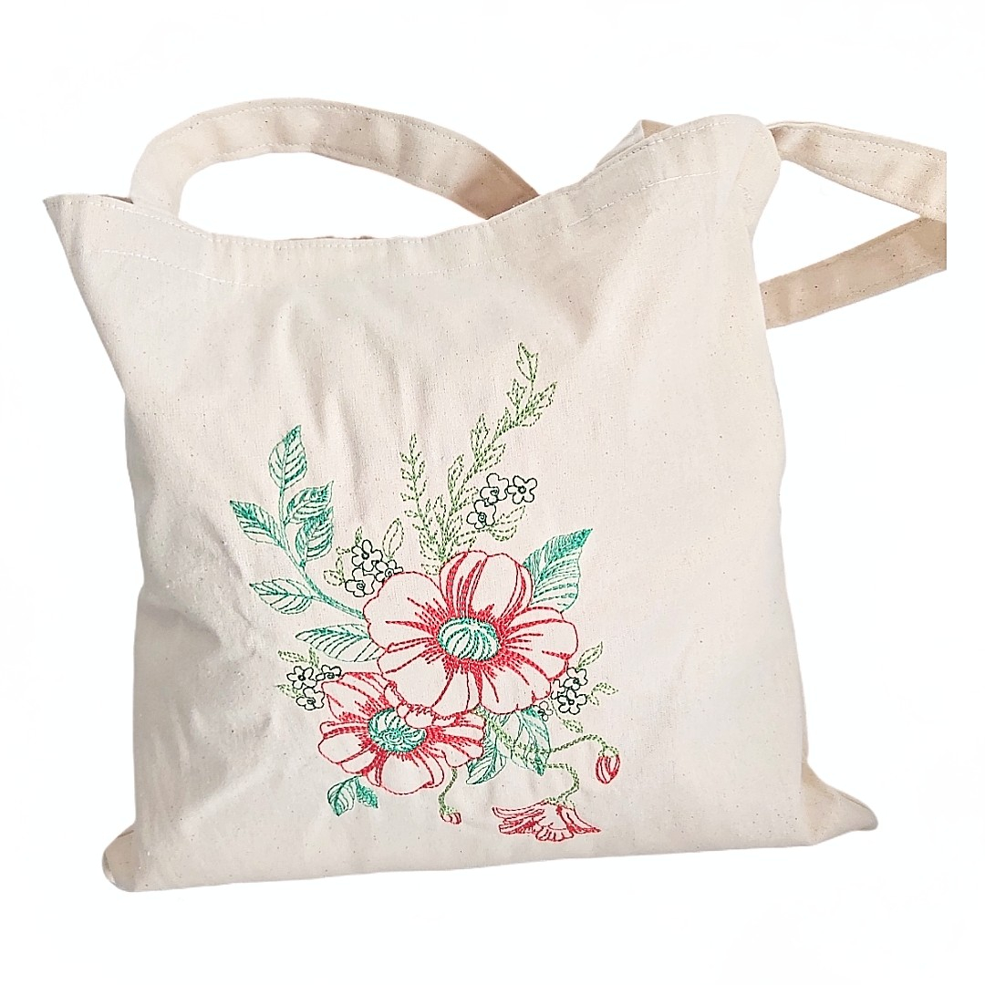 Traista de bumbac cu broderie model   buchet maci rosu