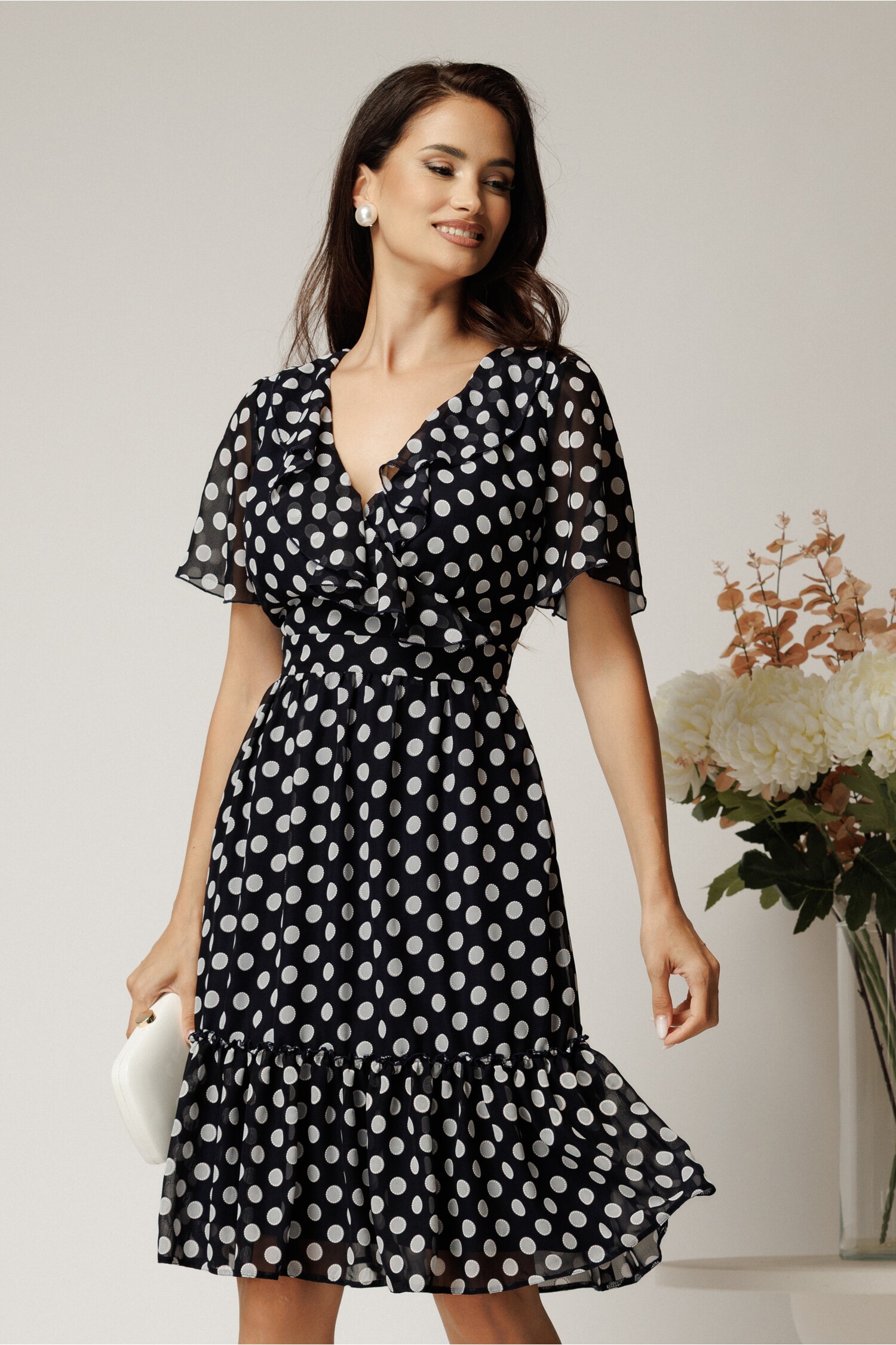 Rochie Midi Neagră Voal cu Buline și Volane