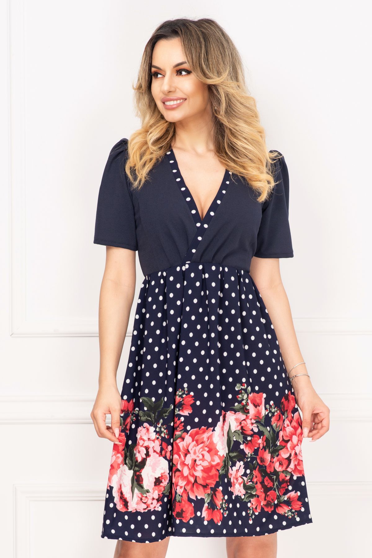 Rochie Rubi Bleumarin InPuff cu Buline si Floral