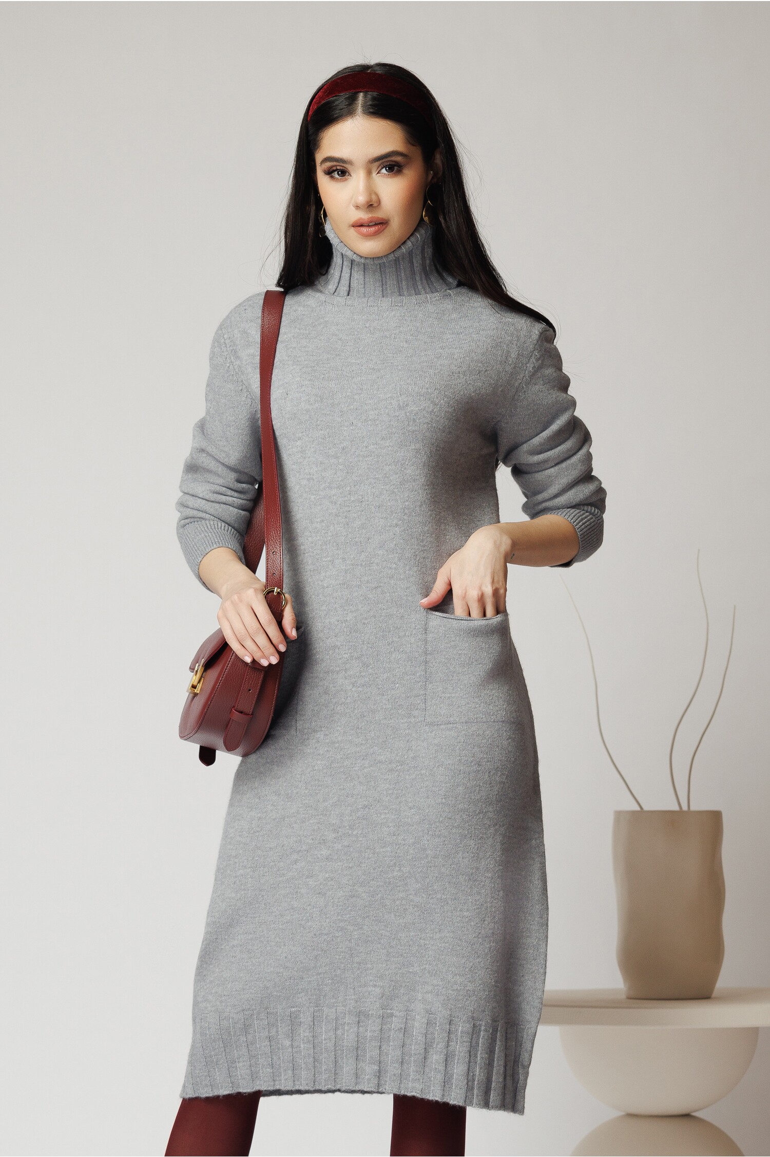 Rochie Tricot Gri Casual cu Buzunare - Confort Maxim