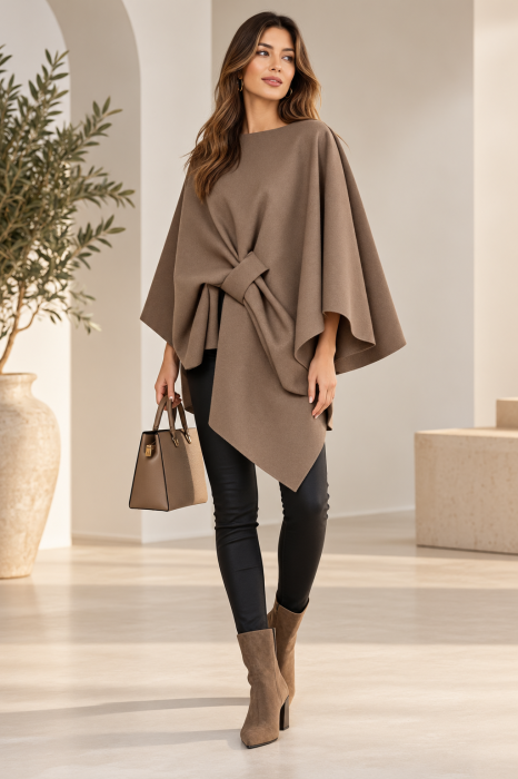 Jacheta trendy stil poncho, din stofa cu vascoza bej fango