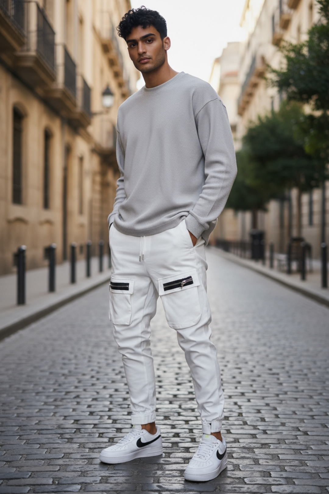 Pantaloni Cargo Alb Conici Y103 - 95% Bumbac