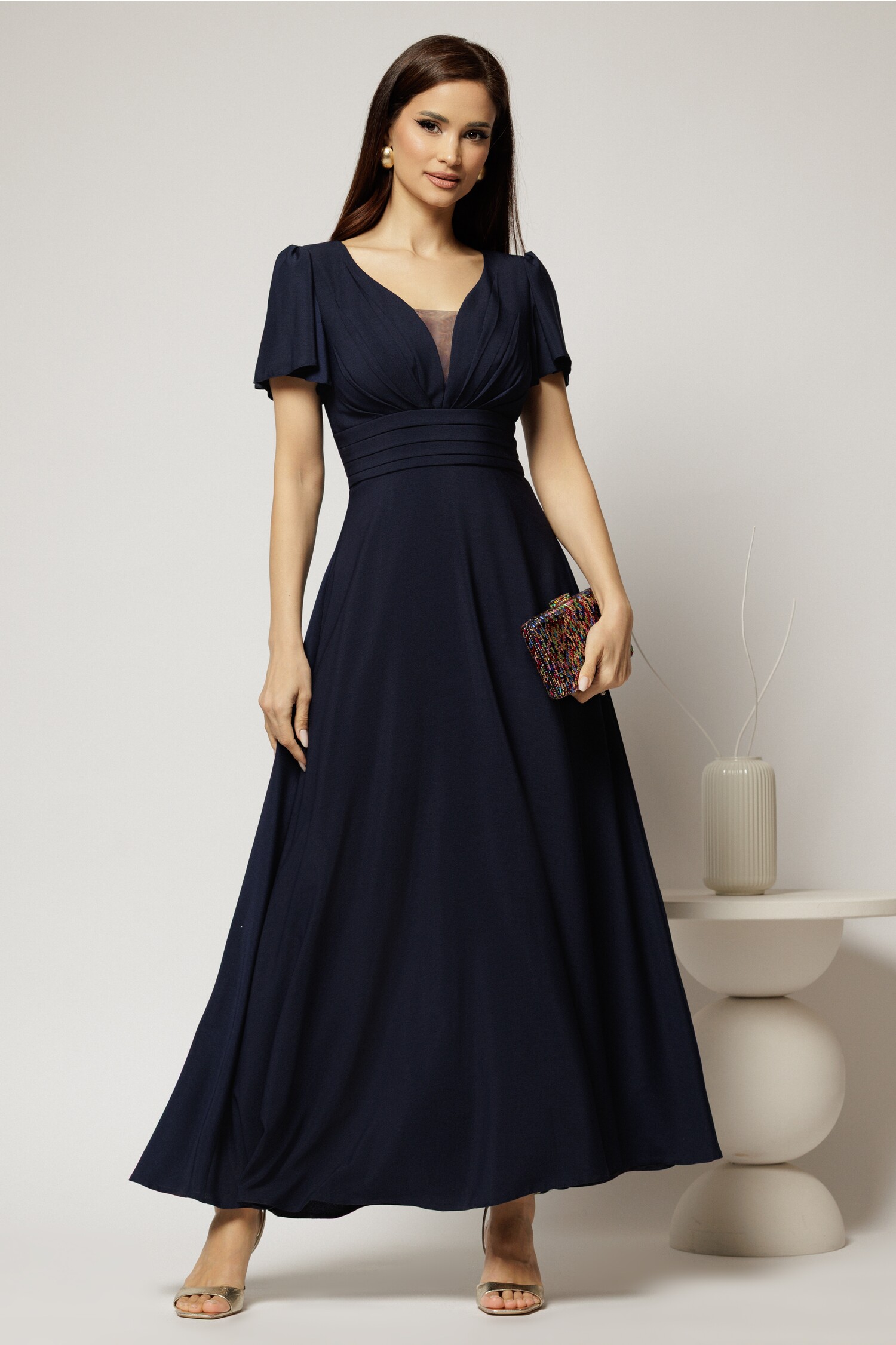Rochie Ocazie Bleumarin Eleganta cu Maneci Evazate