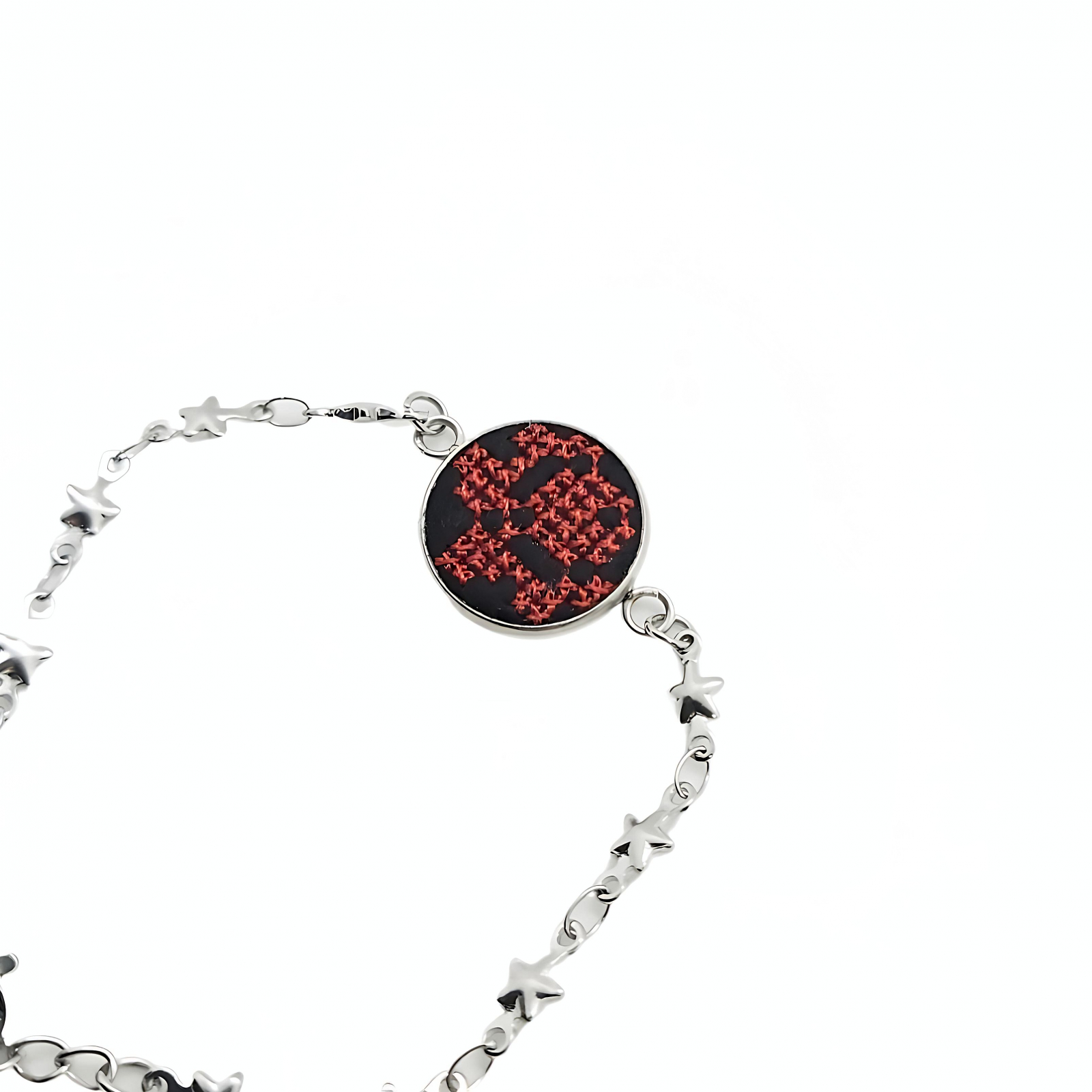 Bratara din inox cu broderie traditionala si lant inox Rosu