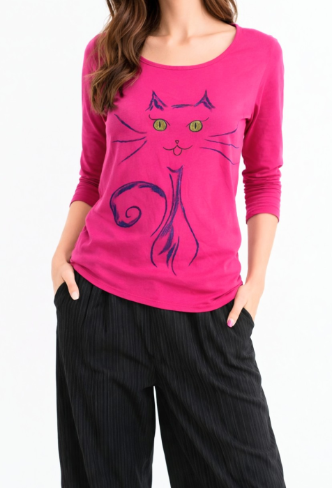 Bluza Bumbac Pictată Manual cu Pisicuta | Shopika