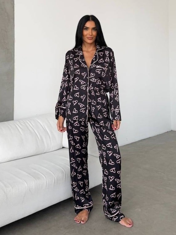 Set Pijama Delis Nasturi Satin Mat Negru