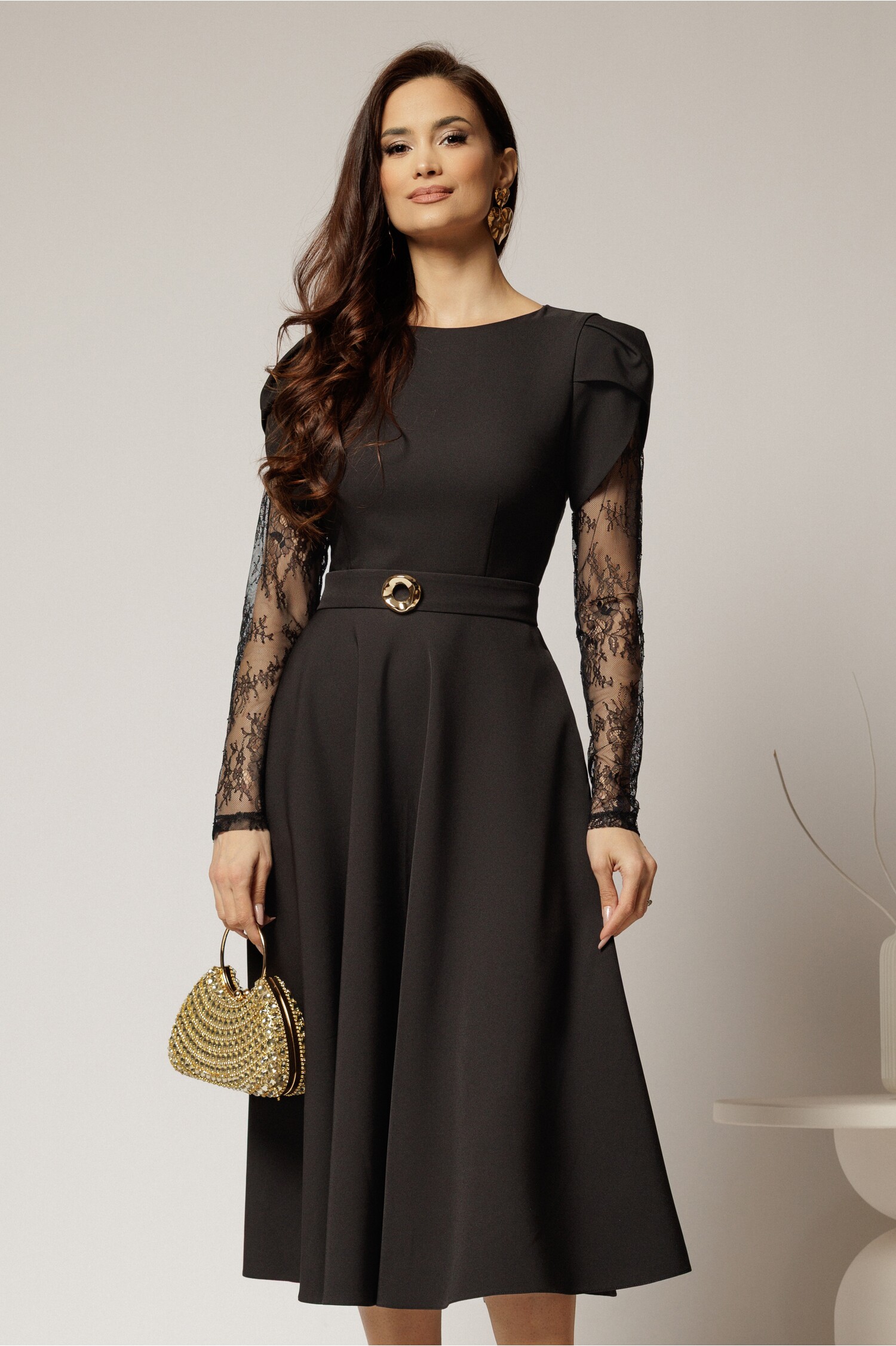 Rochie Midi Neagra Dantela, Cordon Detasabil