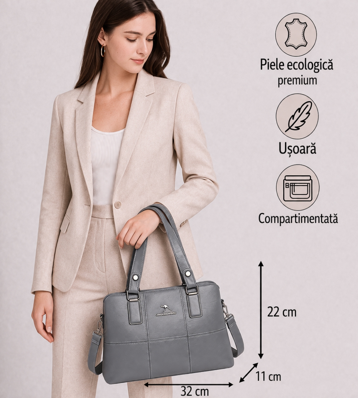 Geanta Dama Delis Gri, Piele Ecologica, Practica - imagine 2