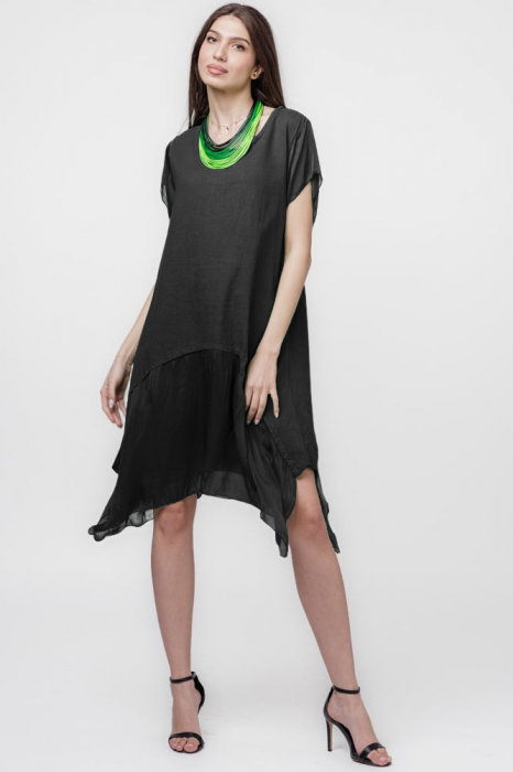 Rochie neagră din in cu volanase mătase | Shopika