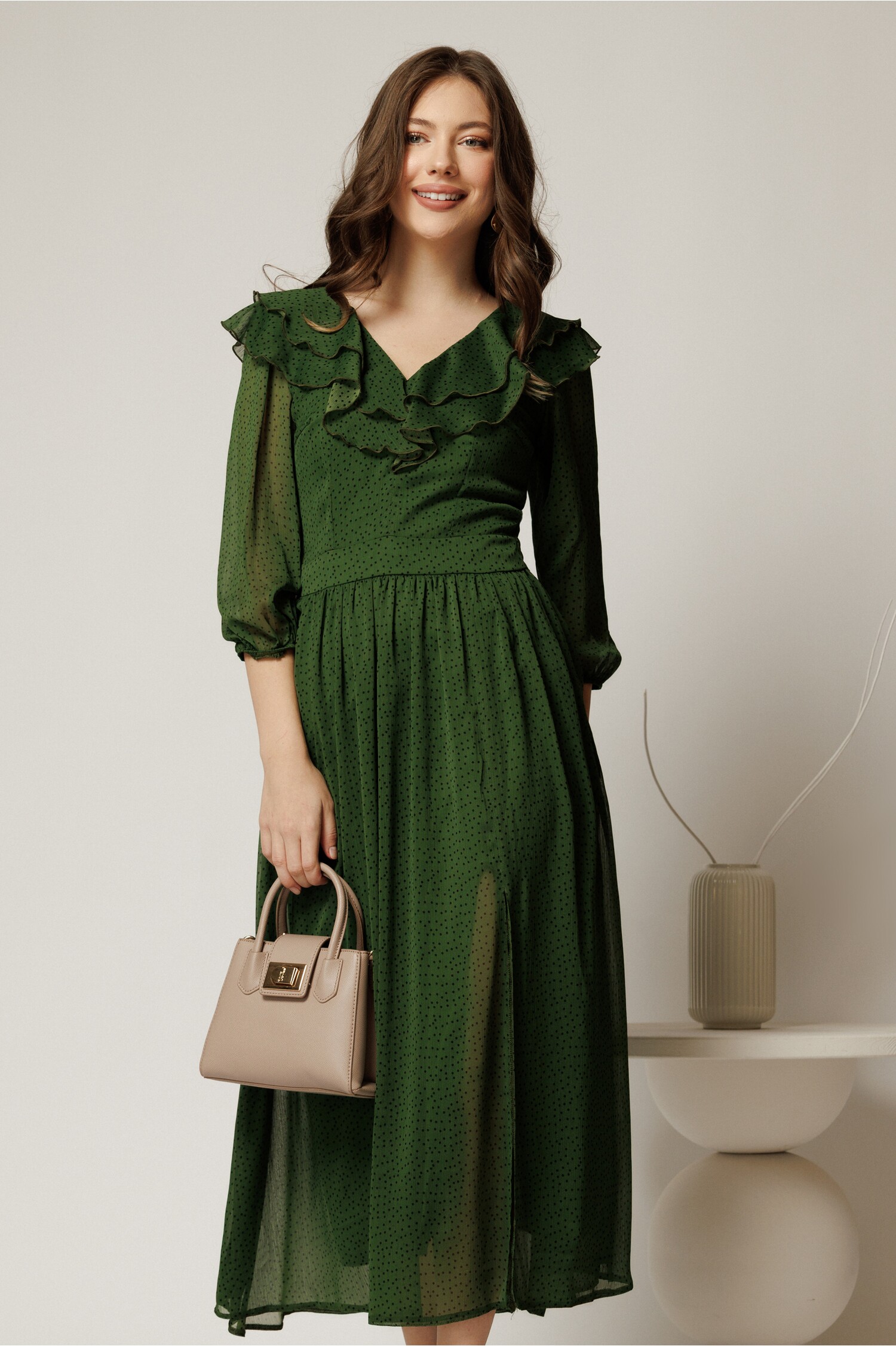 Rochie Midi Verde cu Buline Elegantă pentru Cununie Civilă