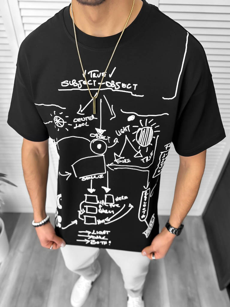 Tricou Barbati Negru Oversize cu Imprimeu