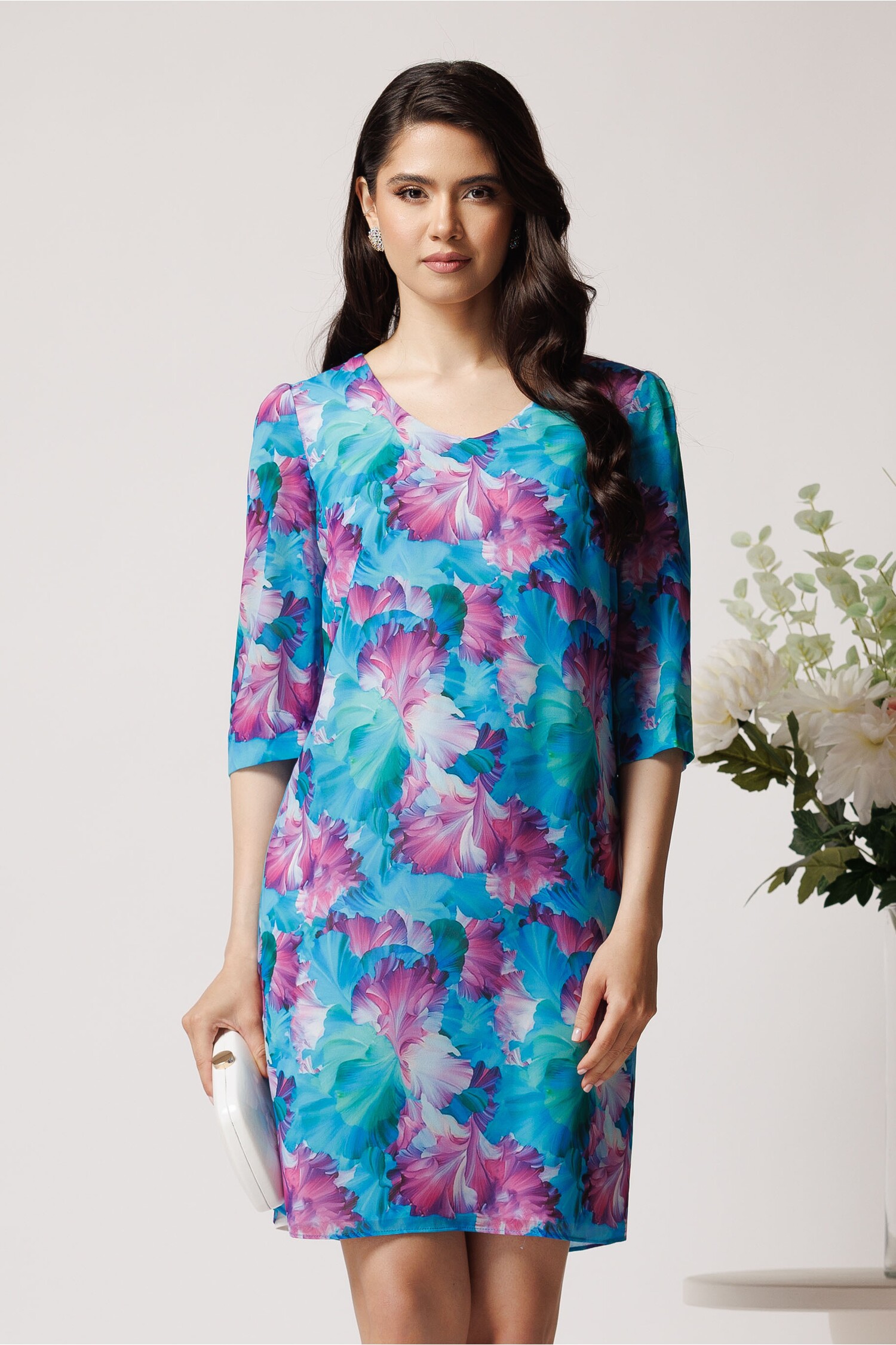 Rochie Viscosă Turcoaz cu Imprimeuri Lila - Eleganță