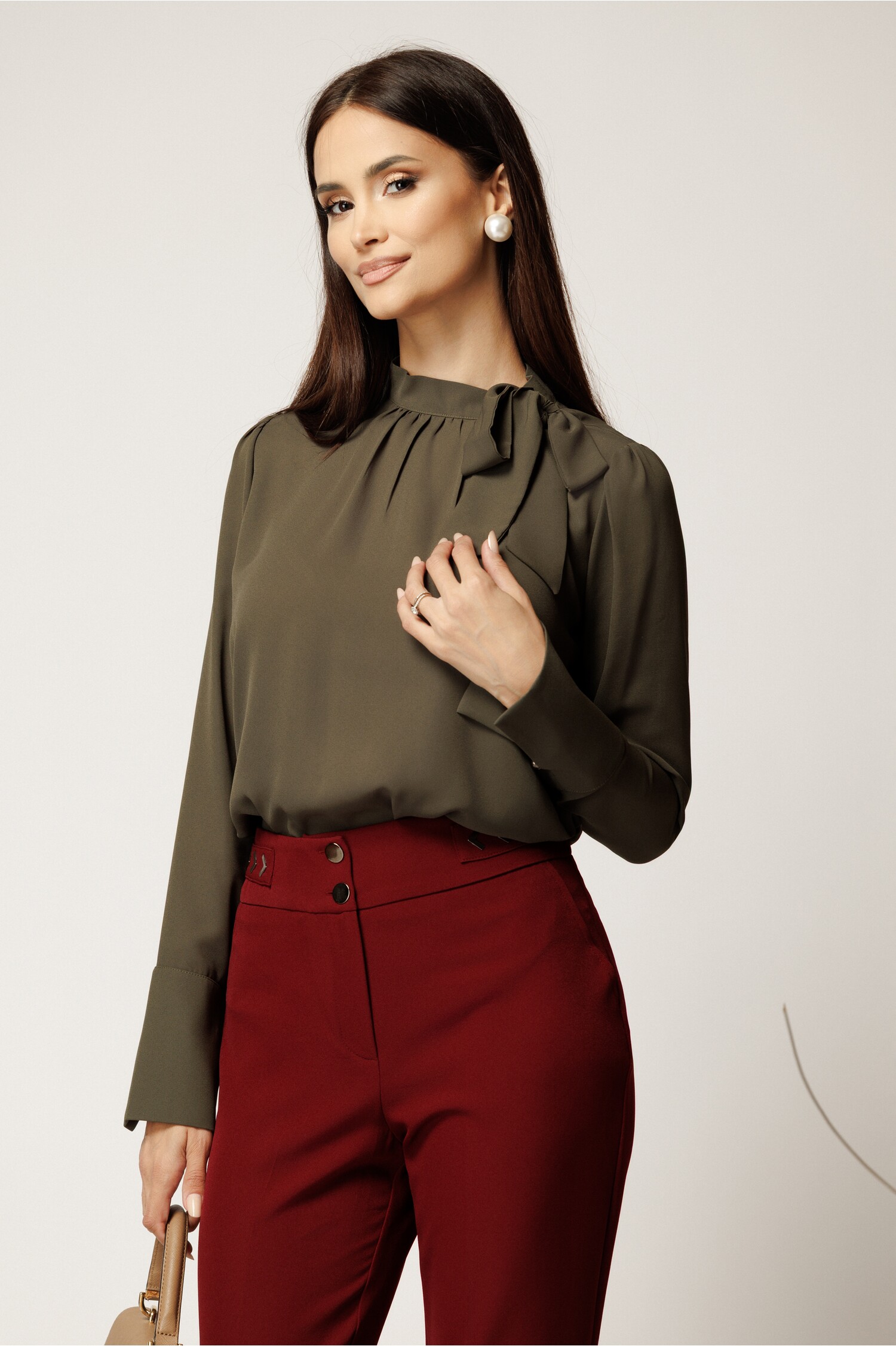 Cămașă kaki voal lejeră cu fundă - Eleganță maximă