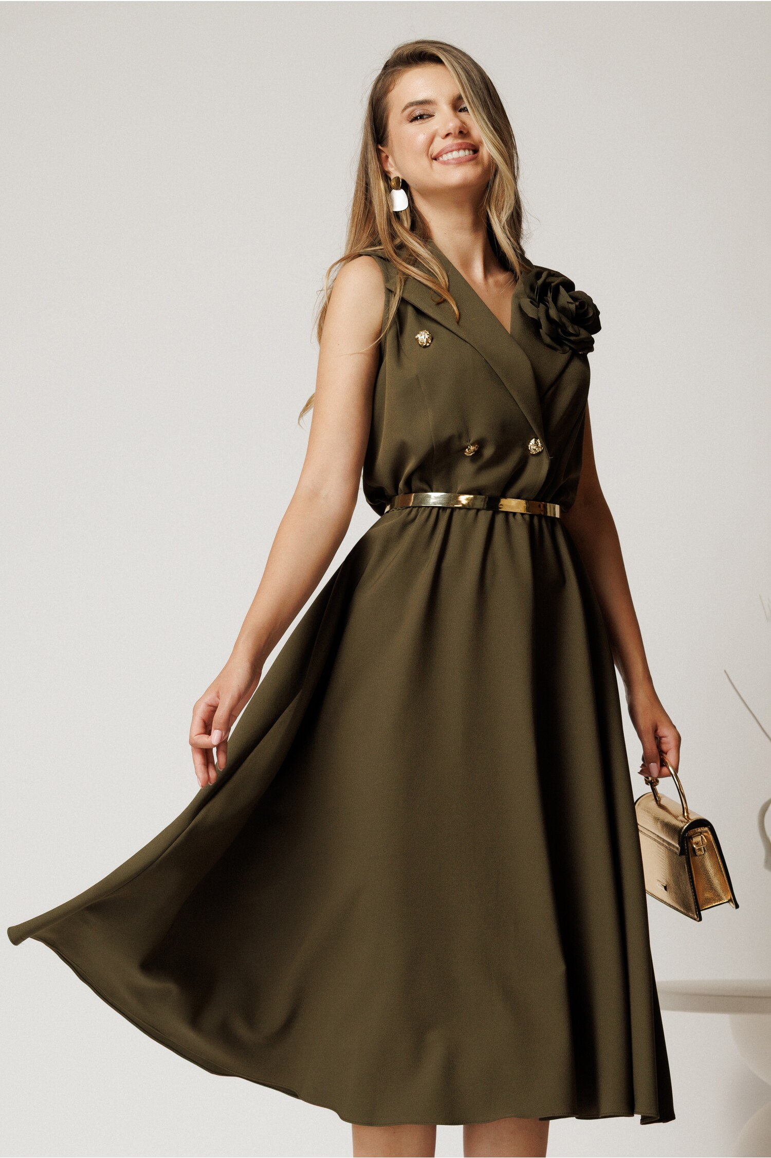 Rochie Midi Kaki Elegantă cu Design Clasic