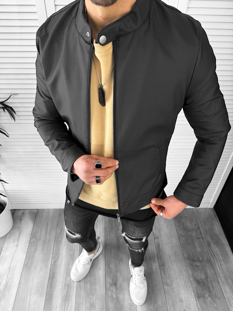 Geaca Barbati Piele Ecologica Neagra Slim Fit