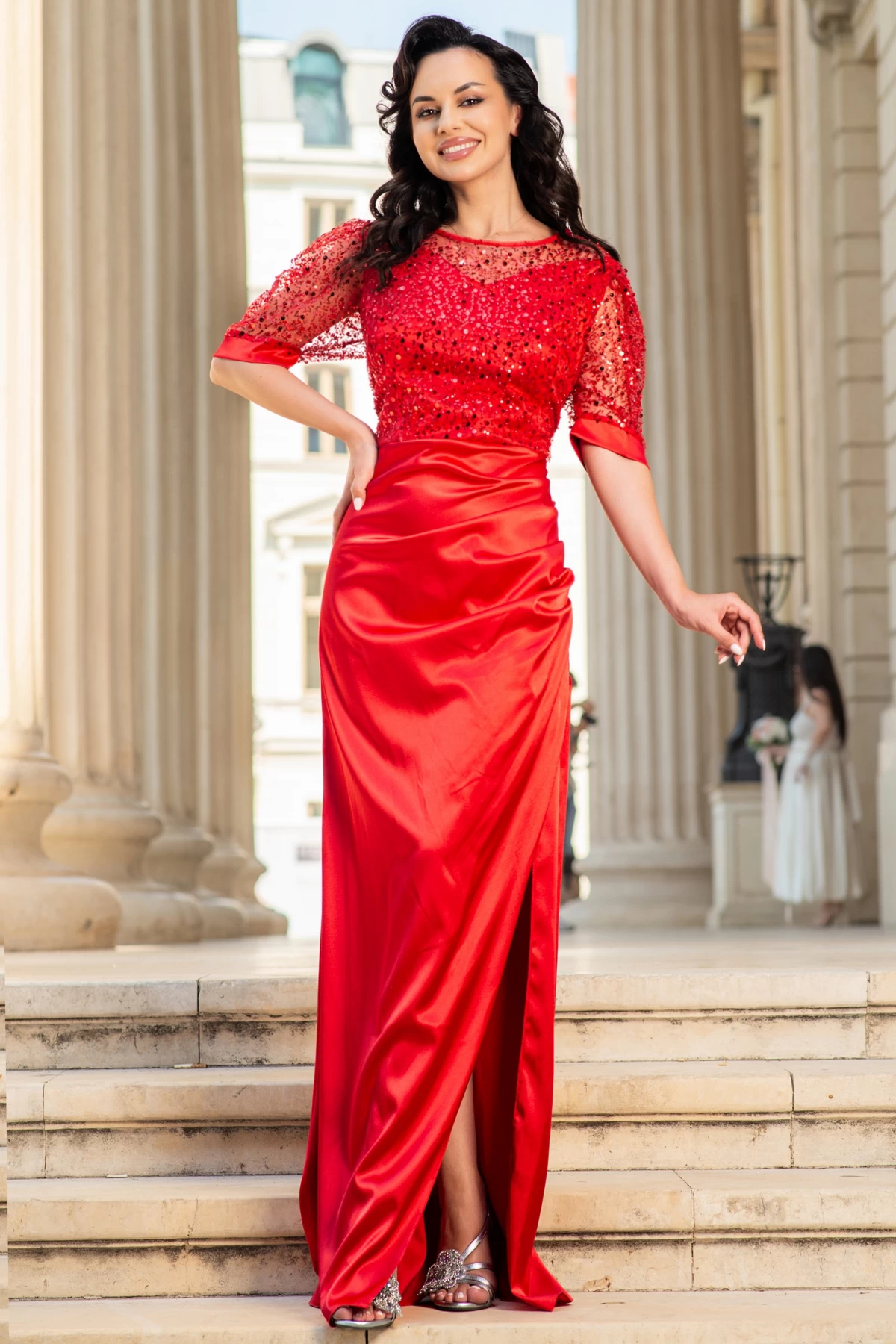 Rochie de seara Sophia rosie din tafta cu bust din paiete