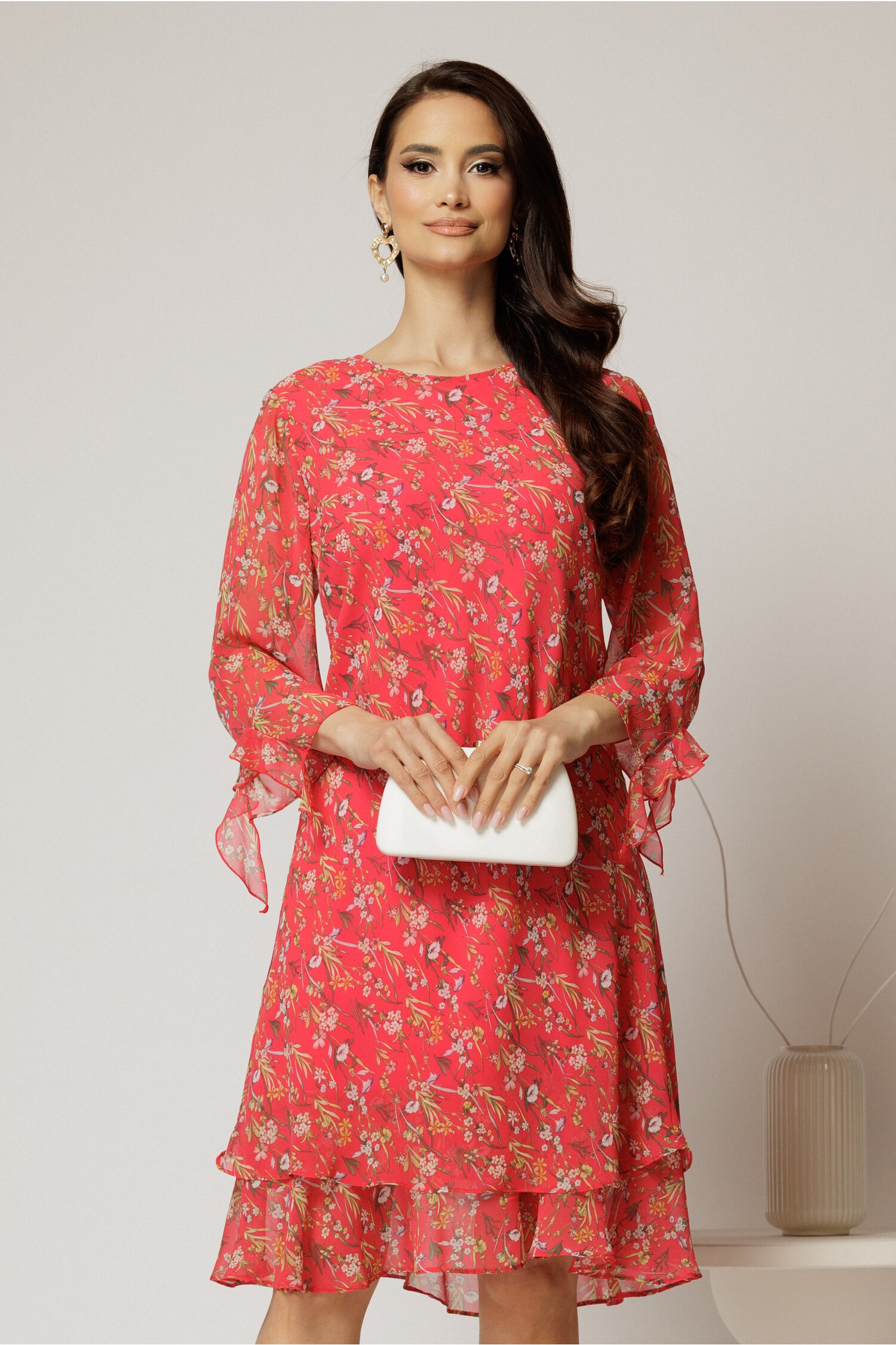 Rochie Midi Voal Roșie cu Floricele și Mâneci 3/4